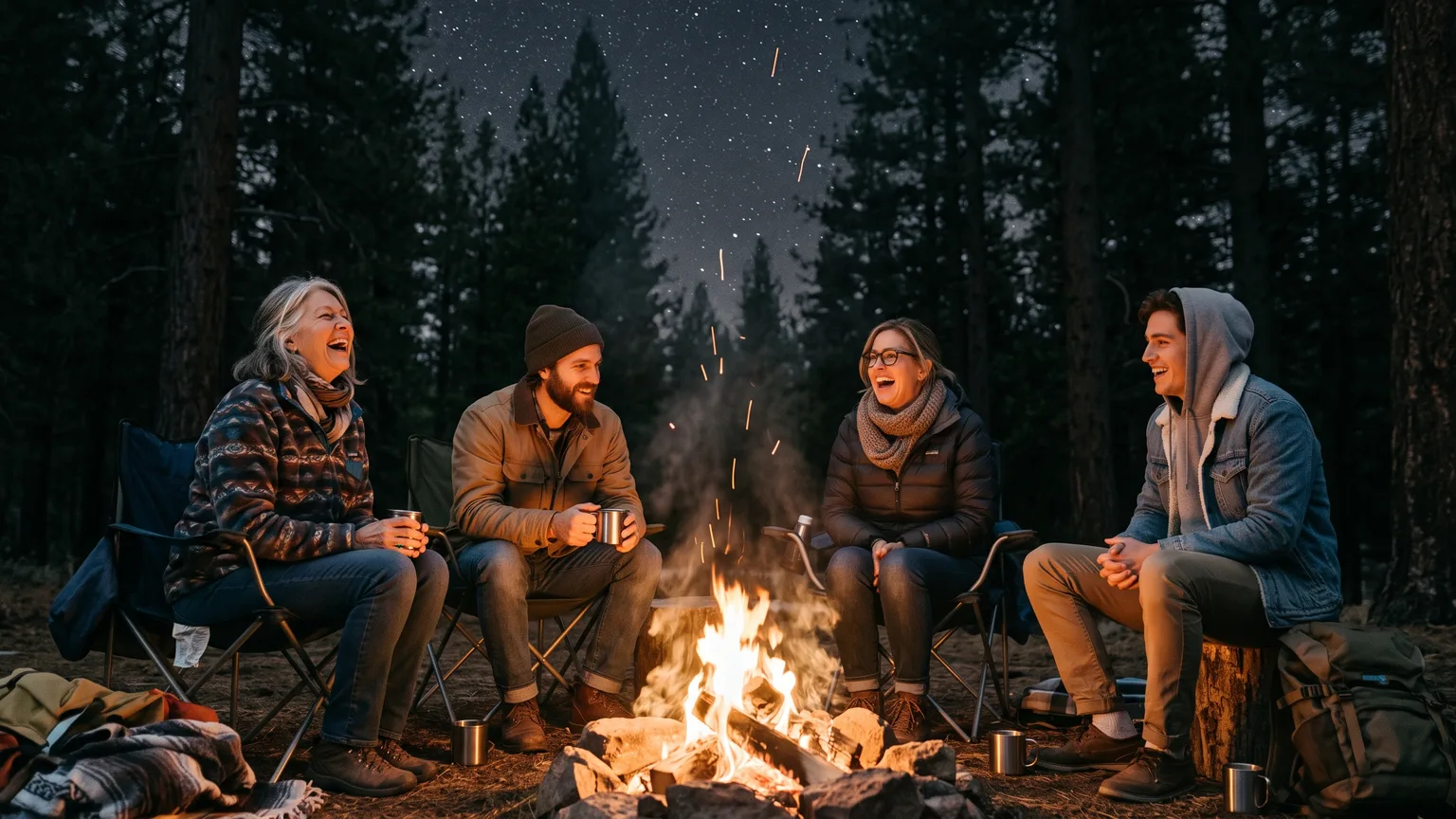 Four friends laughing around a campfire under a starry sky – Nano Banana 2.1 example, 16:9