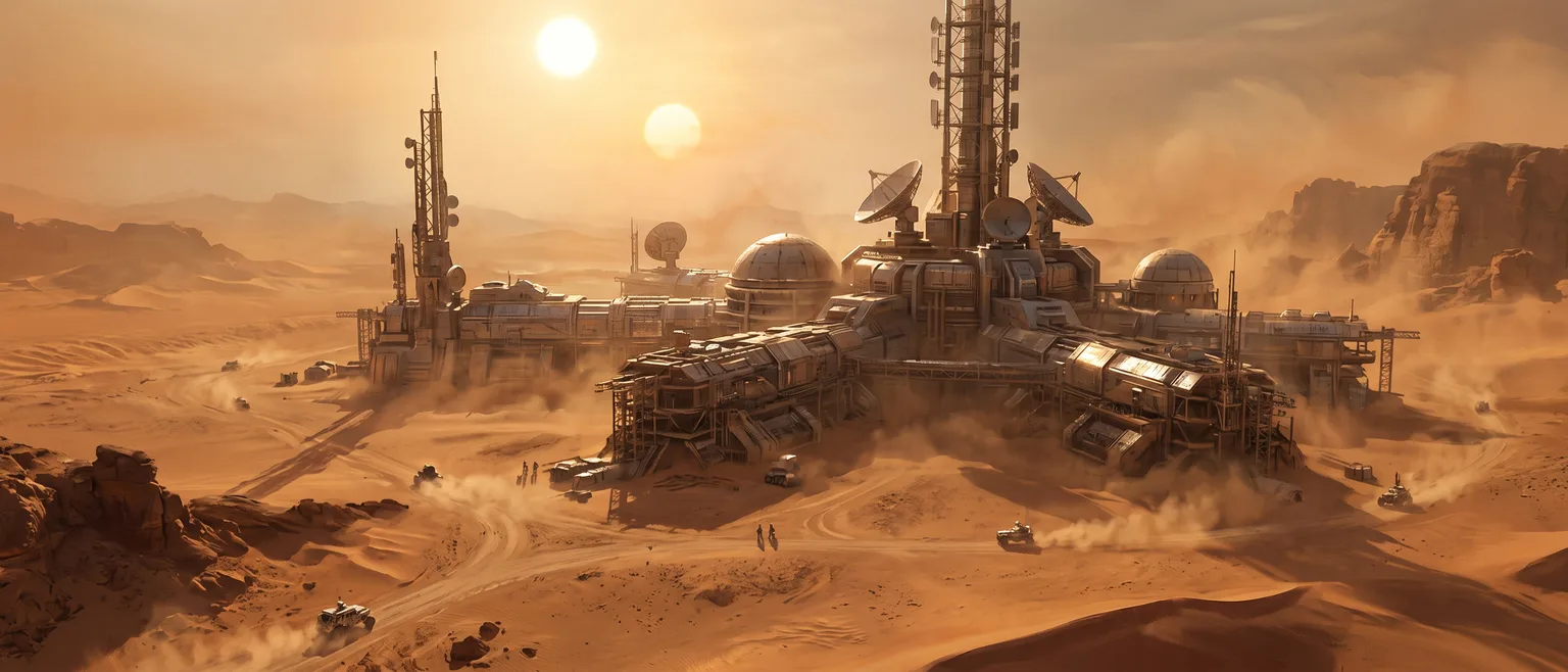 Desert research station under twin suns with rovers and antennas – Nano Banana 2.1 example, 21:9