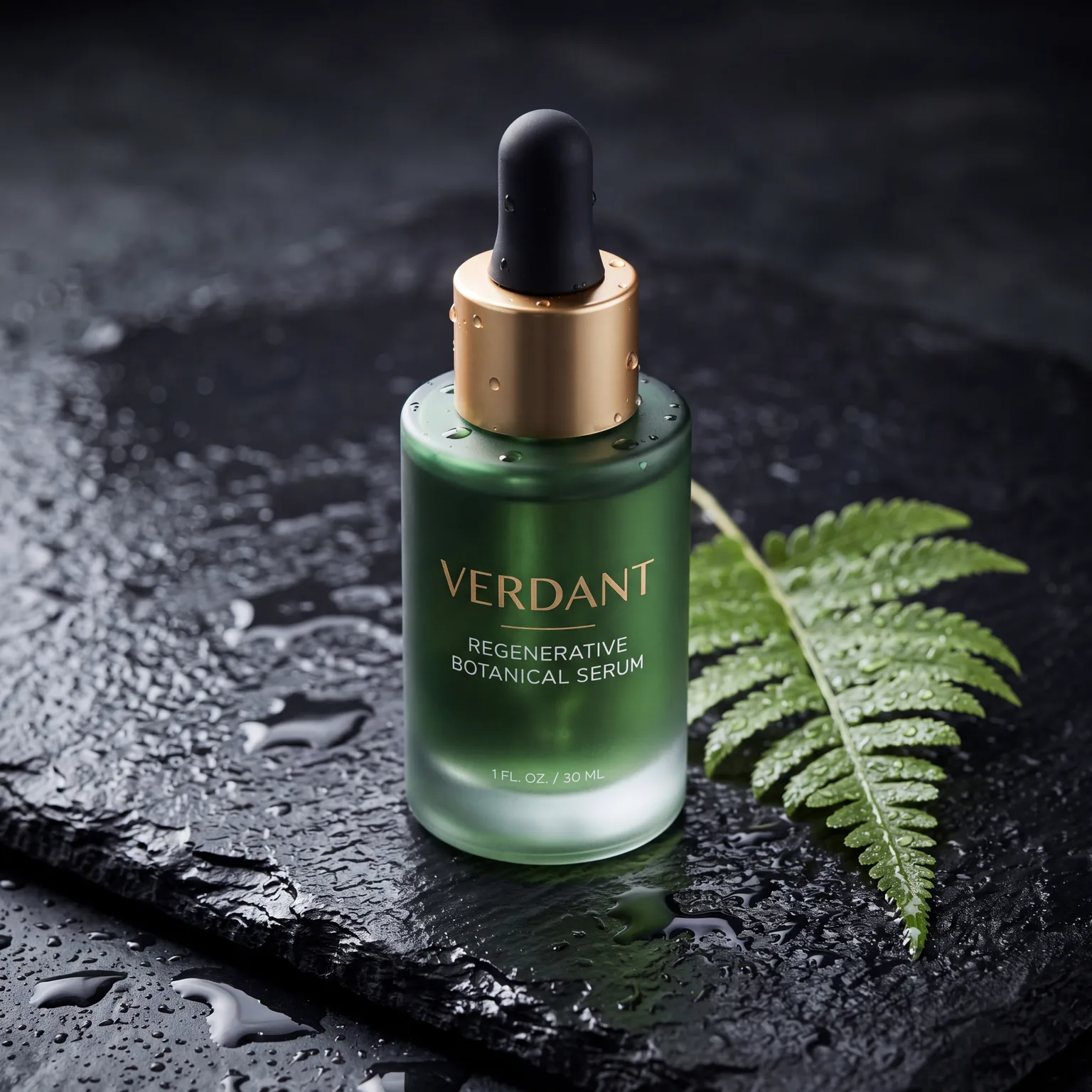 Frosted green serum bottle on wet black slate with a fern leaf – Nano Banana 2.1 example, 1:1