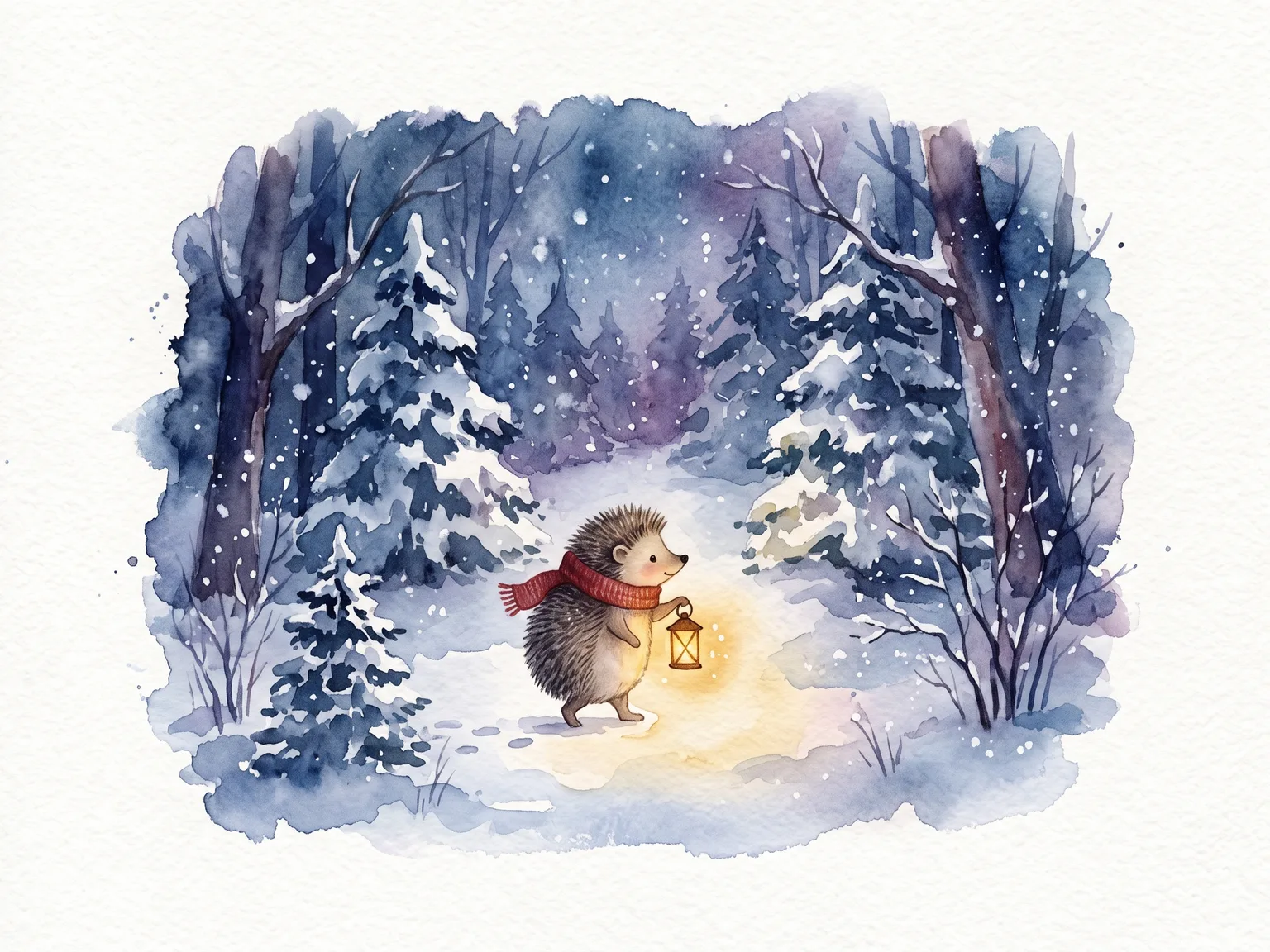 Watercolor hedgehog carrying a lantern through a snowy forest – Nano Banana 2.1 example, 4:3