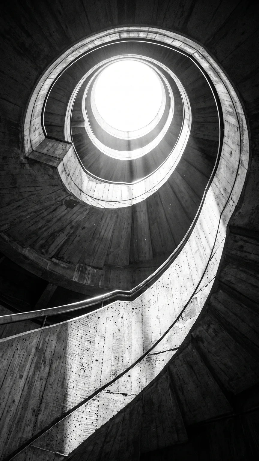 Concrete spiral staircase seen from below under a round skylight – Nano Banana 2.1 example, 9:16