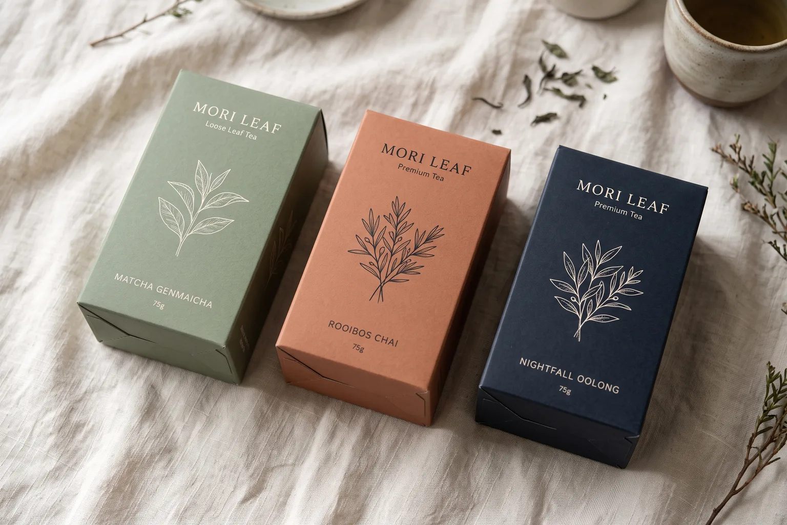 Three Mori Leaf tea boxes in sage, clay and ink colors – Nano Banana 2.1 example, 3:2