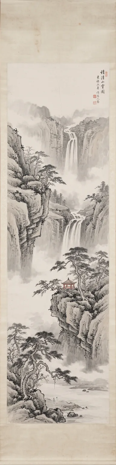 Tall ink wash scroll of a misty waterfall and a red pavilion – Nano Banana 2.1 example, 1:4