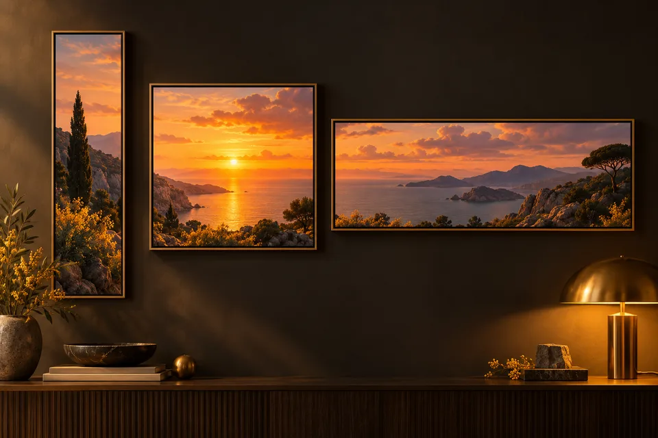The same sunset landscape framed in tall, square and wide aspect ratios