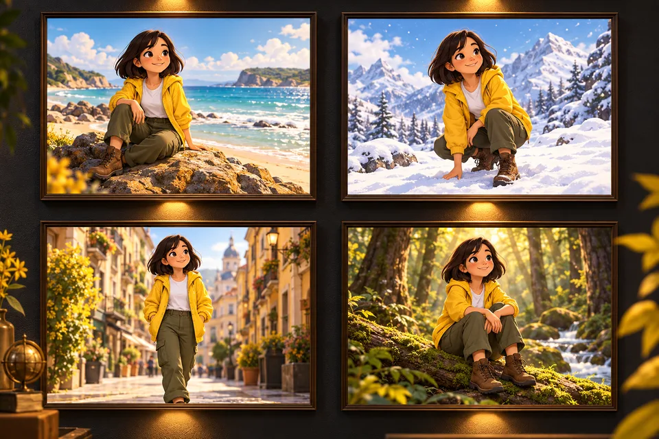 The same illustrated girl in a yellow jacket across four different scenes