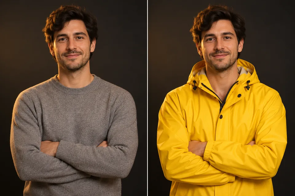 Before and after portraits of a man whose gray sweater becomes a yellow jacket