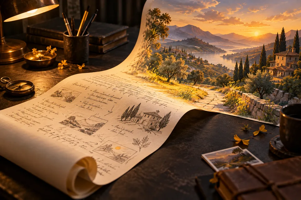 A written landscape brief turning into a sunlit countryside image