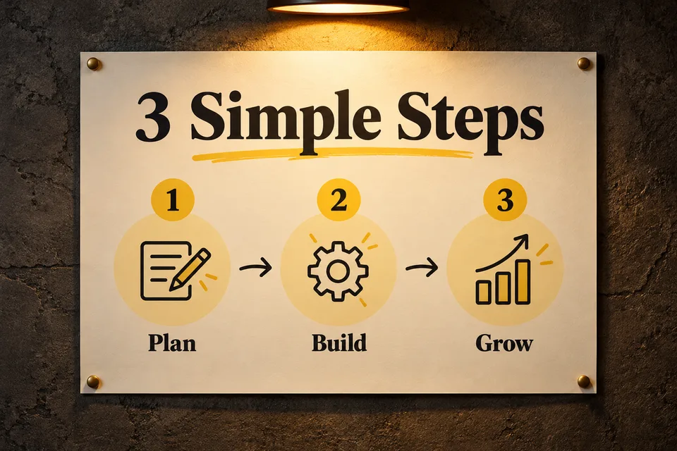 Three-step infographic labeled Plan, Build and Grow