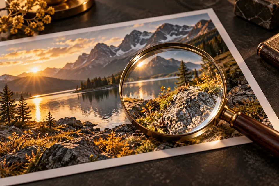 Magnifying glass over a printed mountain landscape to show image detail