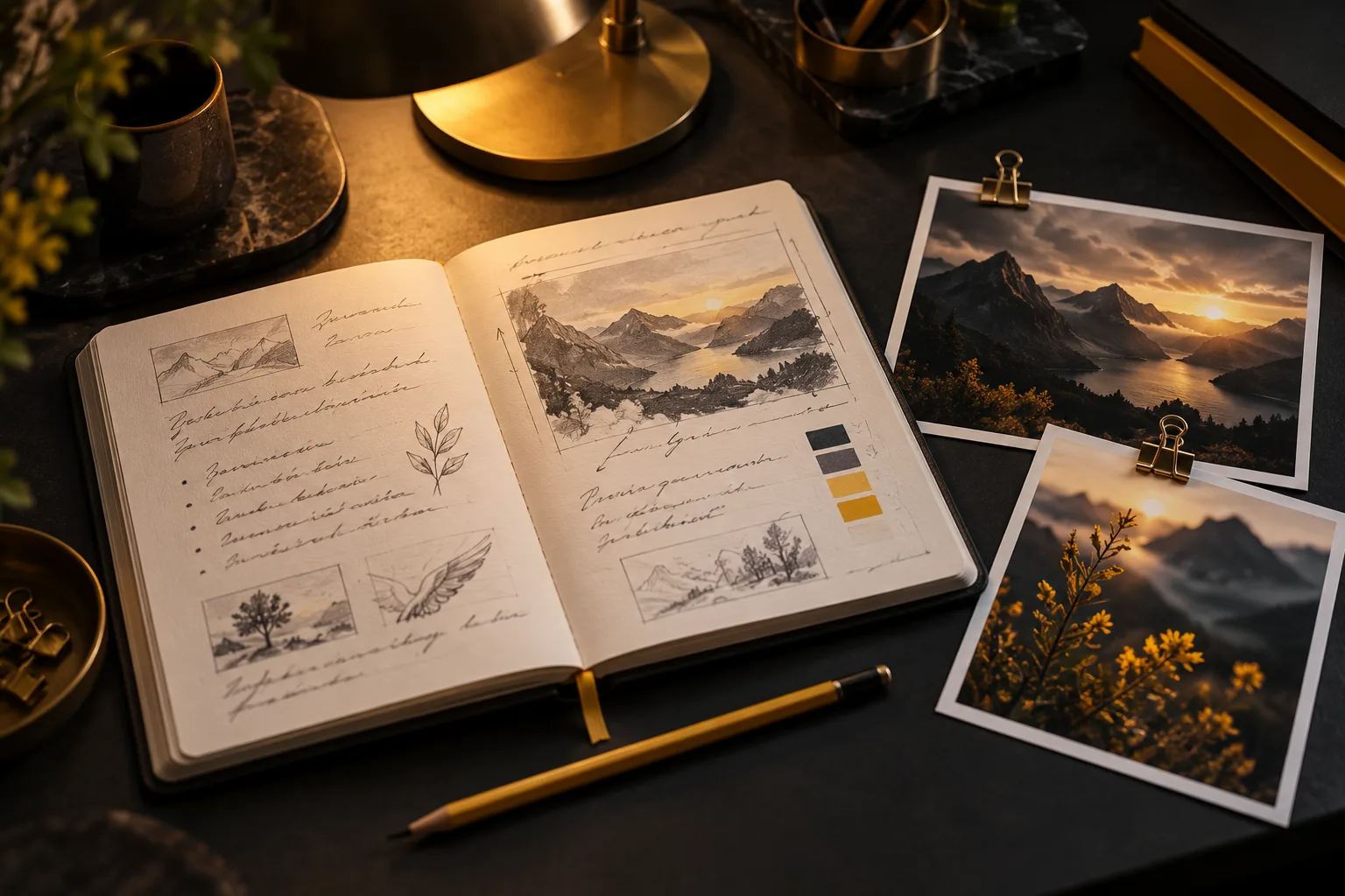 Sketchbook with landscape notes and reference photos on a desk