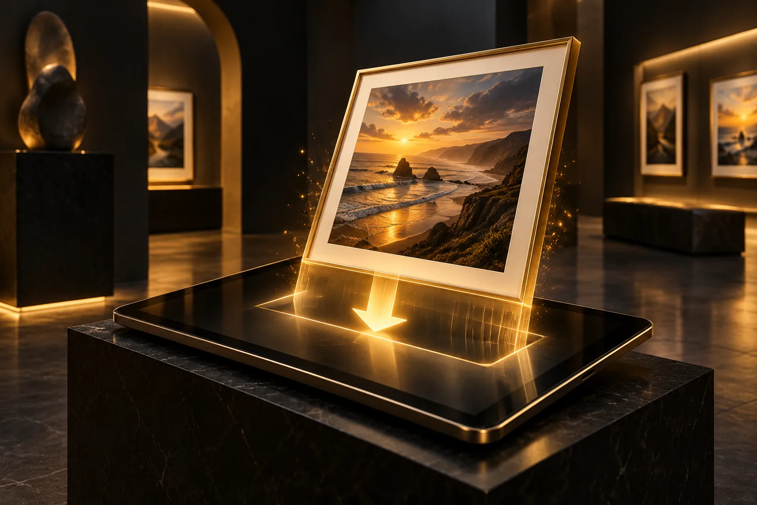 Framed coastal image above a glowing download arrow