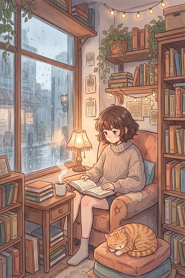Anime girl reading by a rainy window in a bookshop café with a sleeping cat