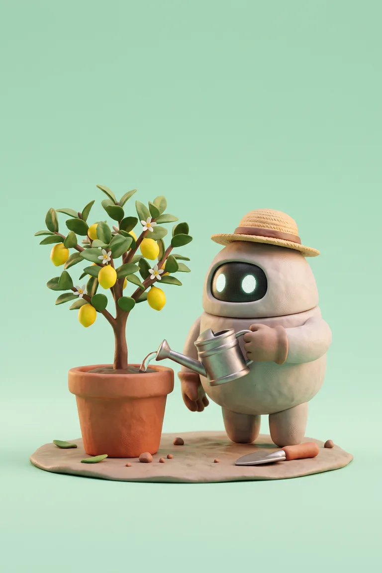 Clay robot gardener watering a potted lemon tree on a mint background