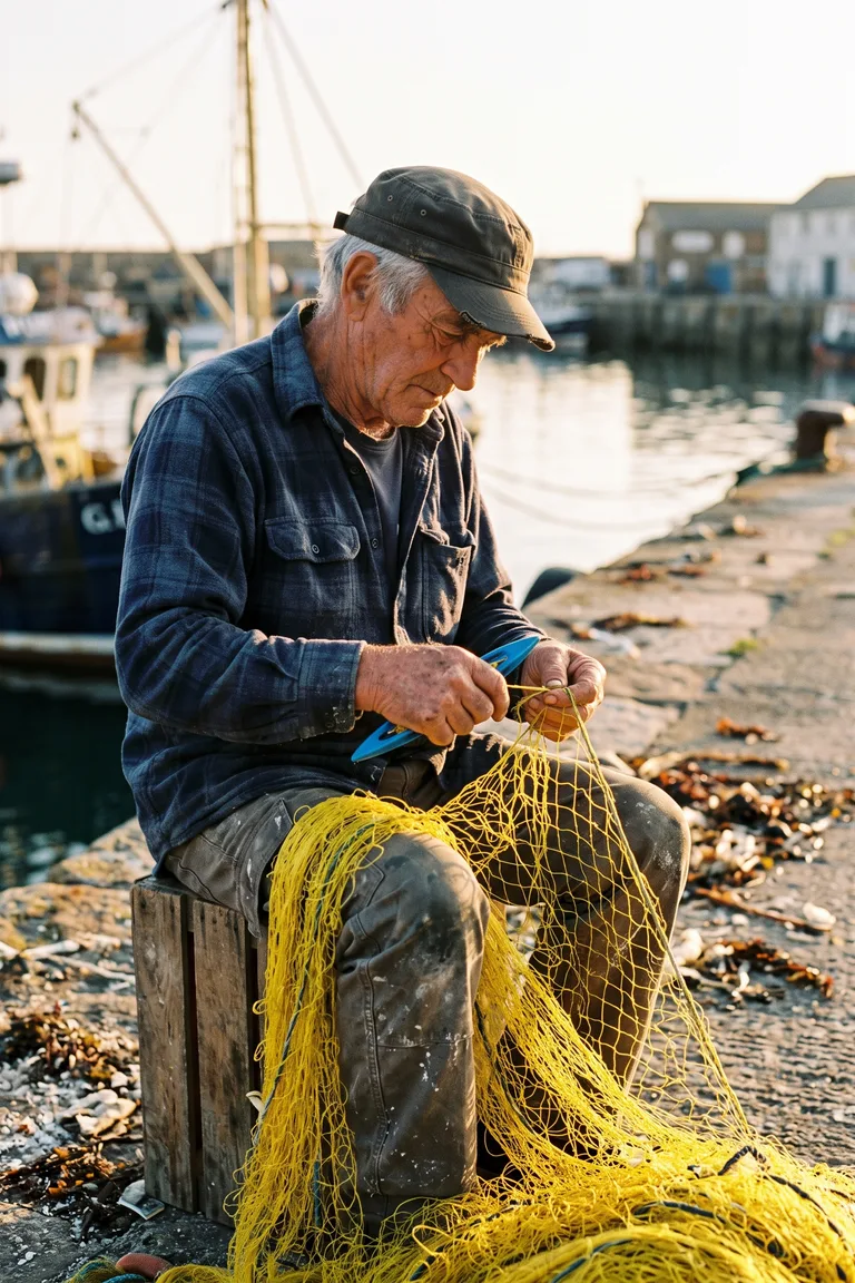 Elderly fisherman mending a yellow net on a harbor wall at golden hour