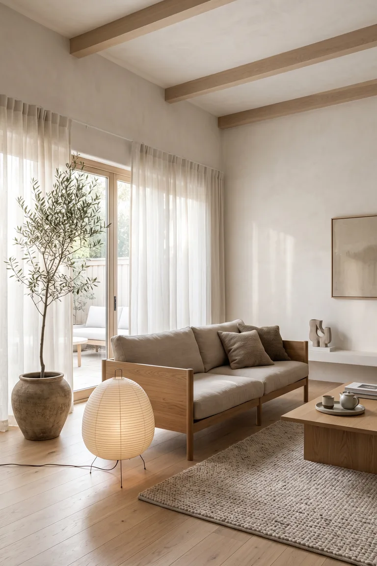 Japandi living room with an oak sofa, paper lantern and olive tree