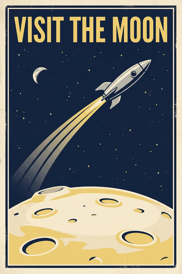 Retro poster reading Visit the Moon with a silver rocket over craters
