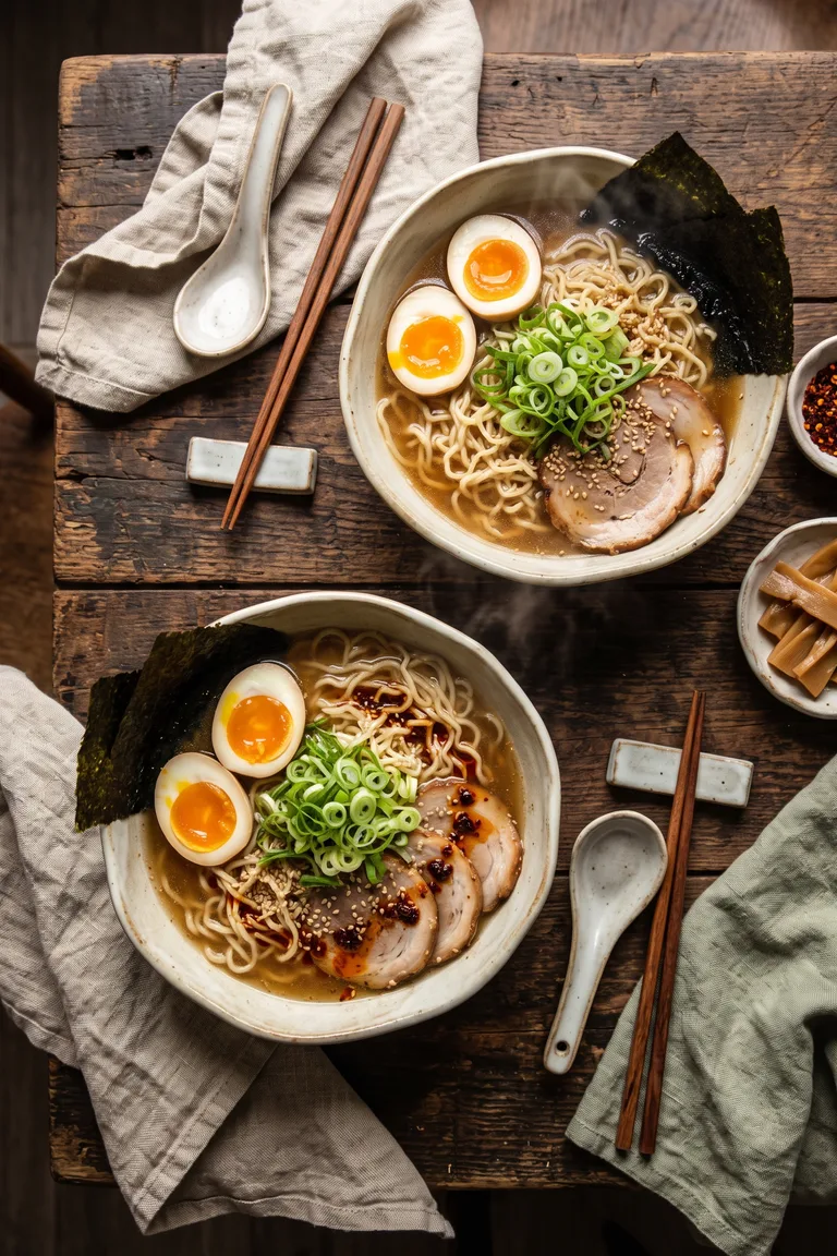 Overhead view of ramen bowls with eggs and scallions on a rustic table