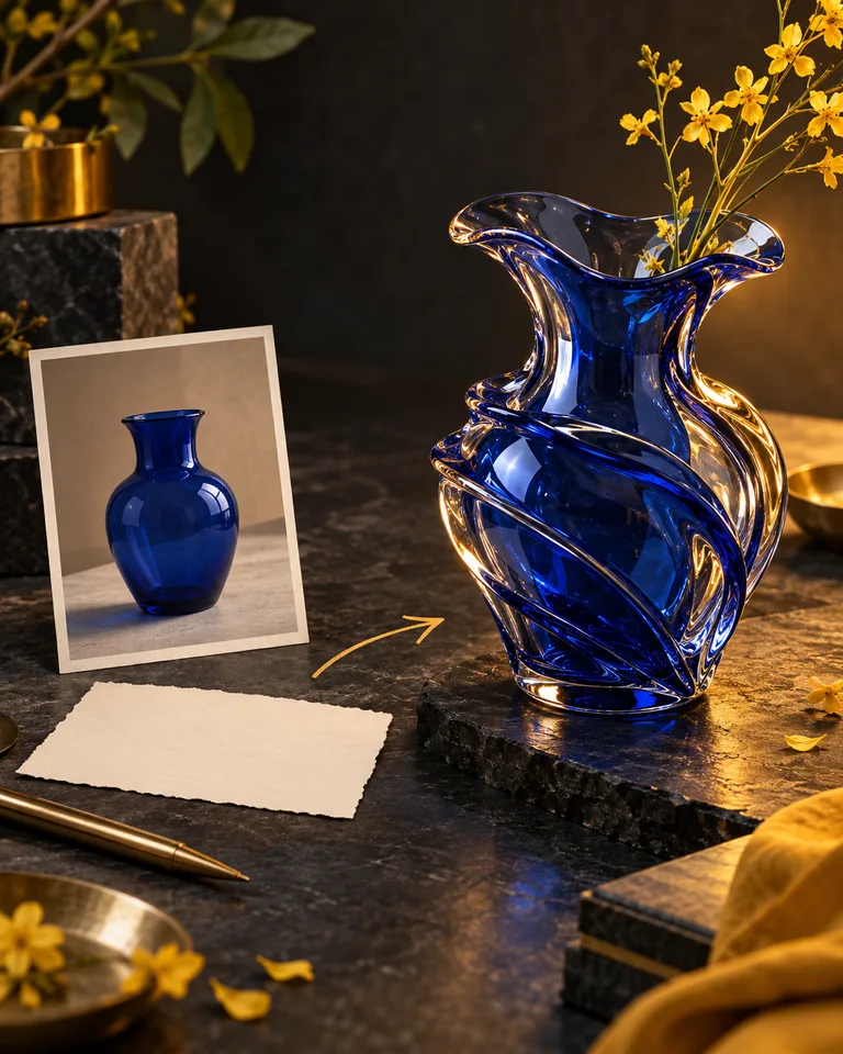 Reference photo and note beside a finished blue glass sculpture