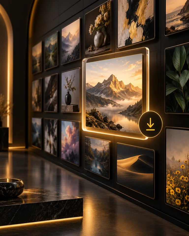 Conceptual digital image library with a selected artwork and download symbol