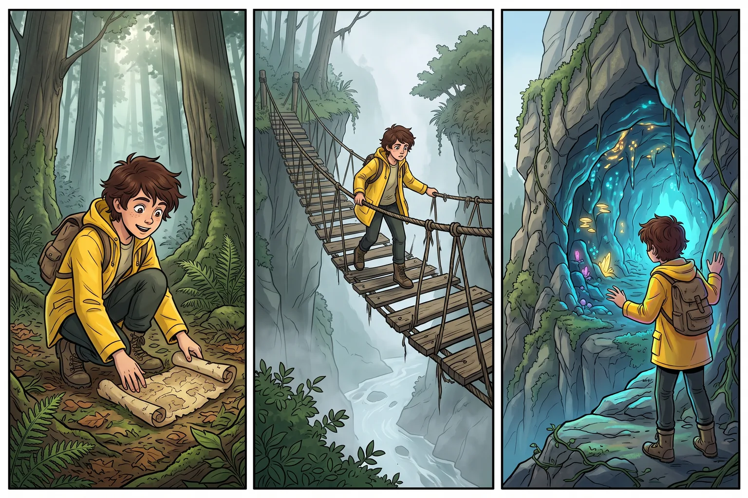 Three-panel storyboard of a young explorer in a yellow raincoat – example image, 3:2