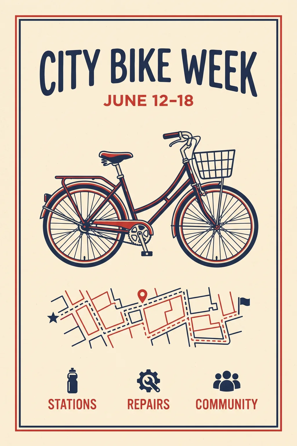 City Bike Week poster with a bicycle, route map and dates – example image, 2:3