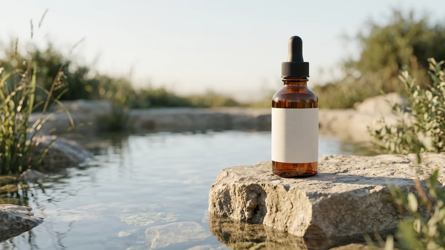 Amber skincare bottle on a limestone pedestal beside a shallow pool – example image, 16:9