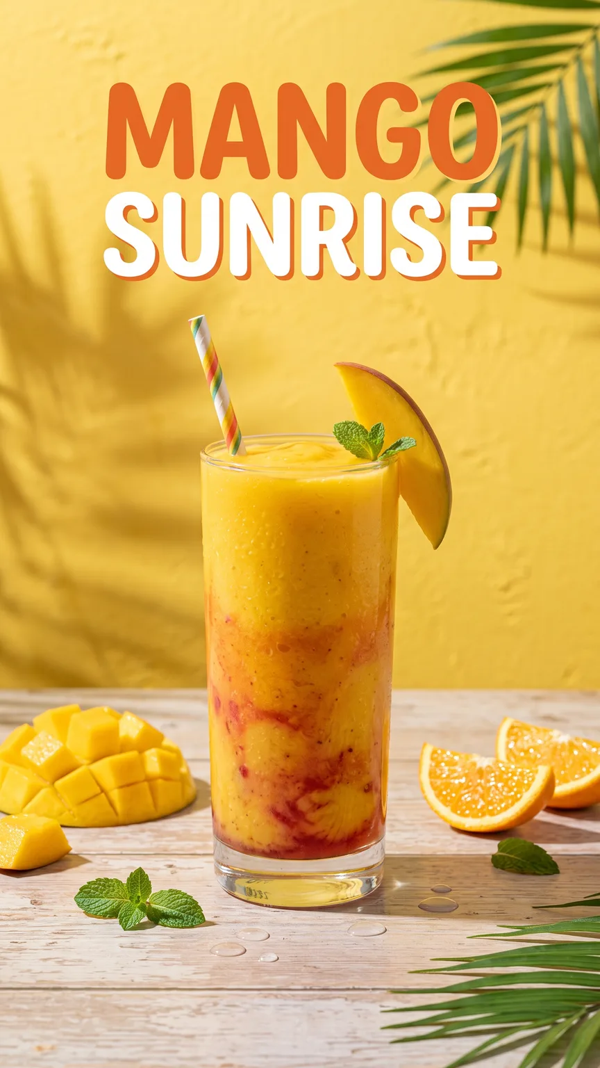Vertical story graphic of a mango smoothie with the headline Mango Sunrise – example image, 9:16