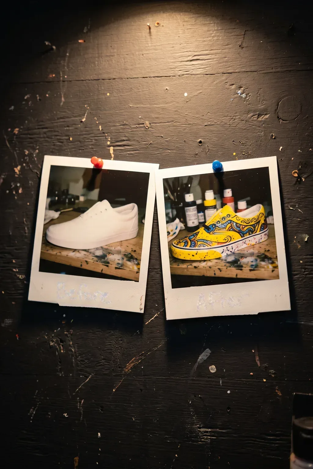 Before and after photos of a white sneaker turned into a colorful patterned design